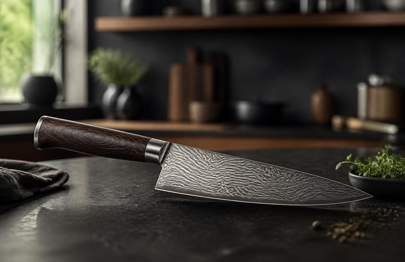 Kurogane japansk kniv liggende på mørkt køkkenbord